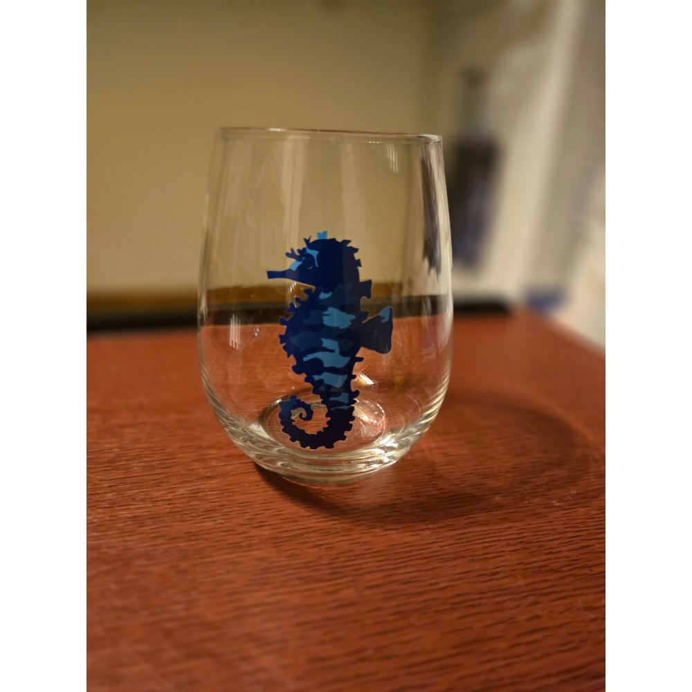 Blue Seahorse Stemless Wine Glass Coastal Nautical Beach House Barware Tumbler